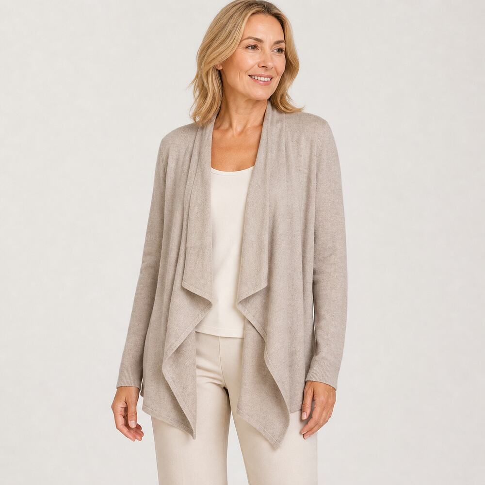 Repeat Cashmere Merino Wool Cardigan M EU40 Beige Open Front Draped Pockets